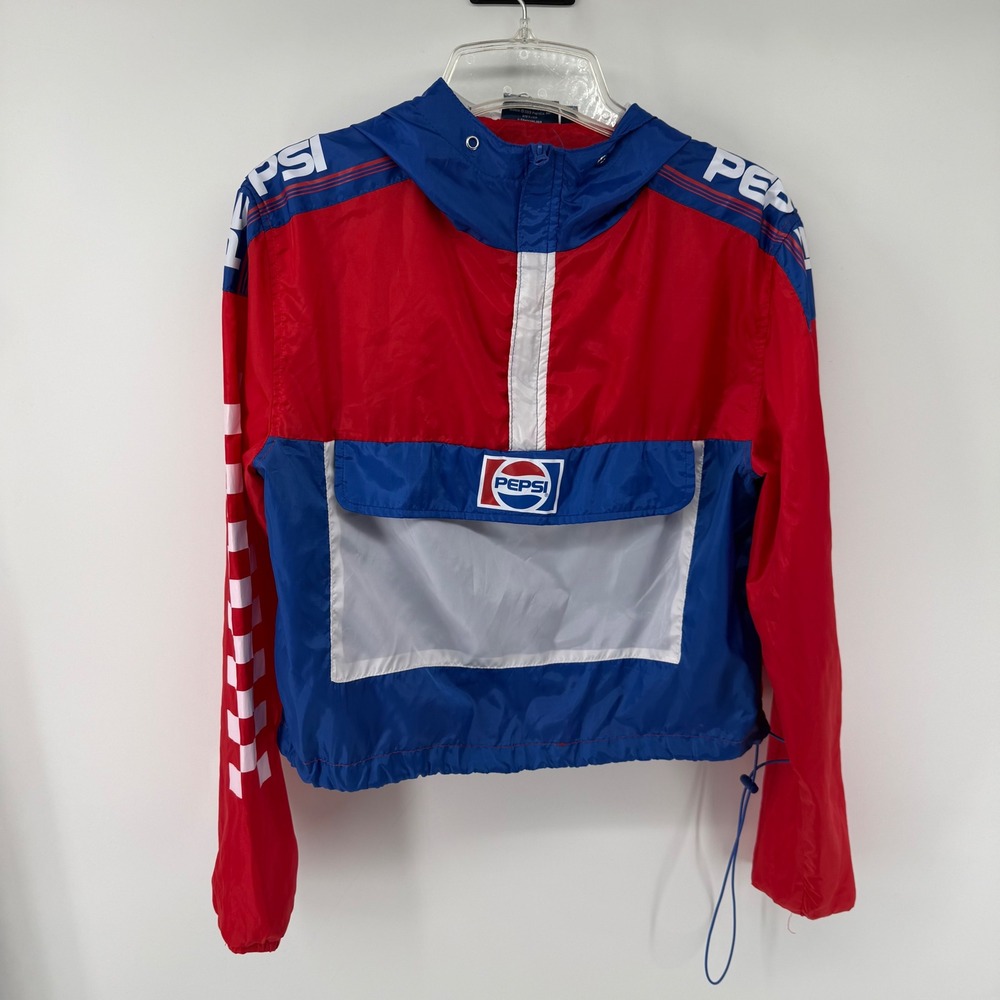 Pepsi Womens Cropped Windbreaker Jacket Red Blue White Checkered Half Zip Small